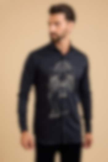 Navy Blue Stretchable Cotton Party Wear Shirt by SANJANA REDDY MEN at Pernia's Pop Up Shop