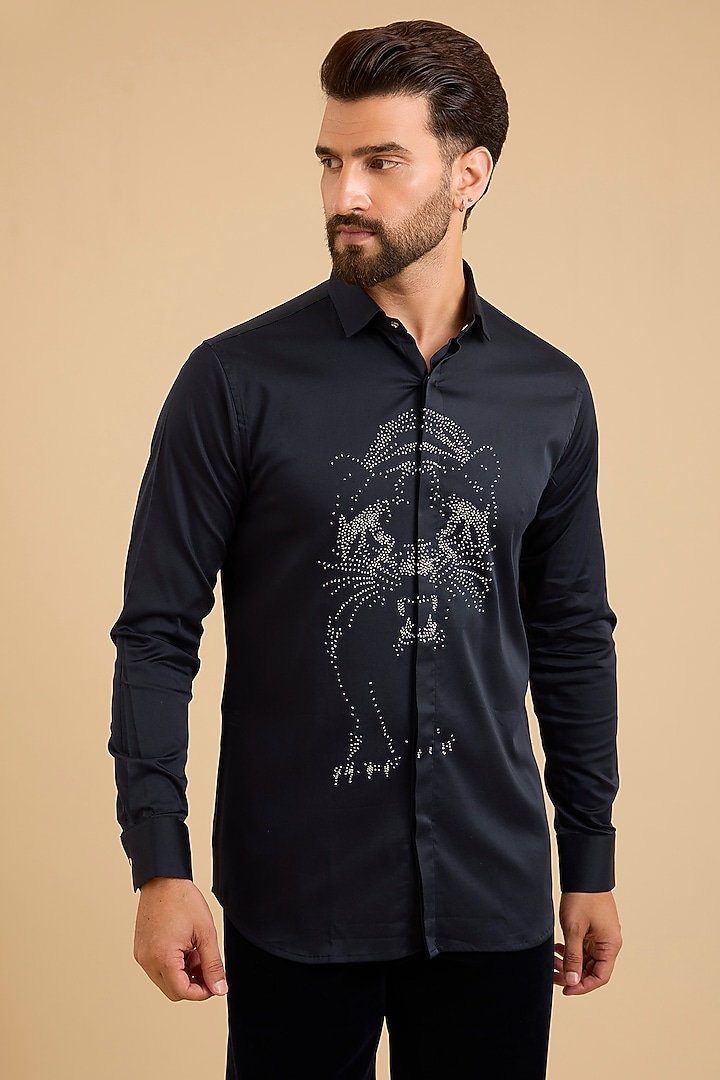 Navy Blue Stretchable Cotton Party Wear Shirt by SANJANA REDDY MEN at Pernia's Pop Up Shop
