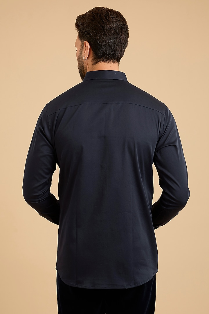 Navy Blue Stretchable Cotton Party Wear Shirt by SANJANA REDDY MEN at Pernia's Pop Up Shop