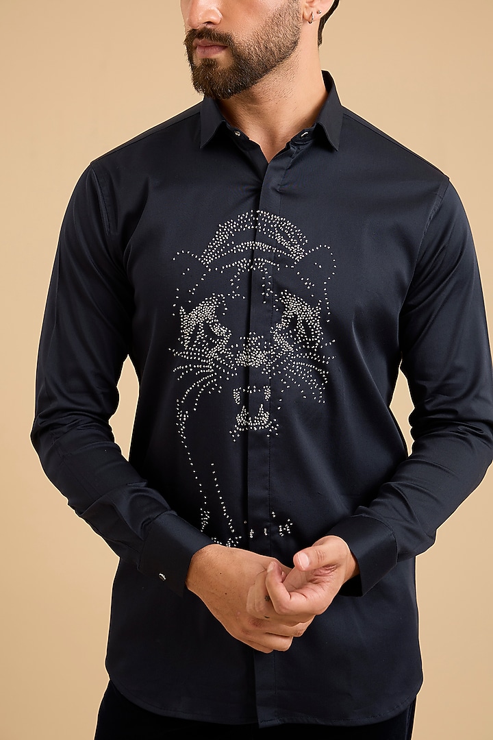Navy Blue Stretchable Cotton Party Wear Shirt by SANJANA REDDY MEN at Pernia's Pop Up Shop