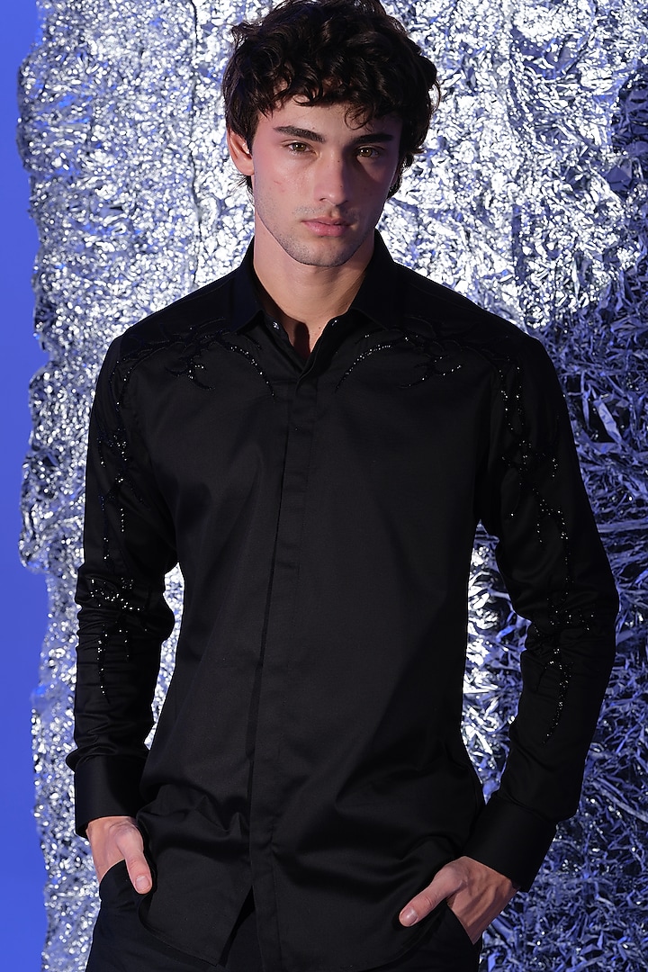Black Stretchable Cotton Hand Embroidered Party Wear Shirt by SANJANA REDDY MEN at Pernia's Pop Up Shop