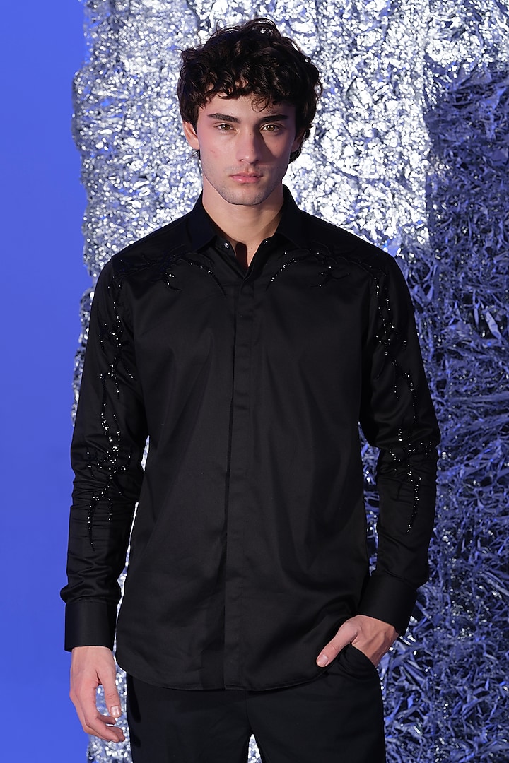 Black Stretchable Cotton Hand Embroidered Party Wear Shirt by SANJANA REDDY MEN at Pernia's Pop Up Shop