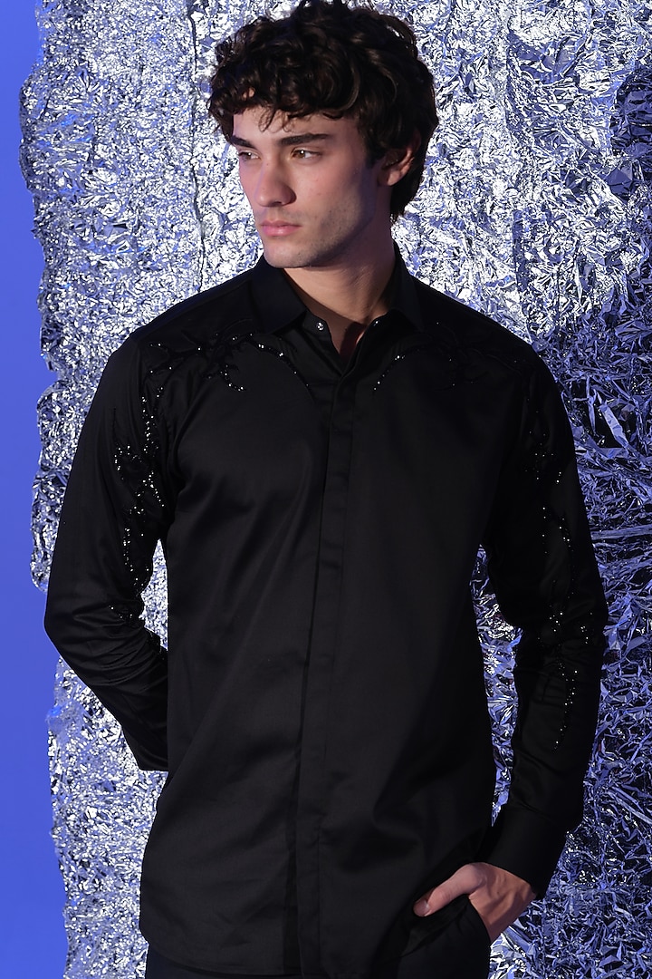 Black Stretchable Cotton Hand Embroidered Party Wear Shirt by SANJANA REDDY MEN at Pernia's Pop Up Shop