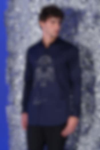 Navy Blue Stretchable Cotton Panther Hand Embroidered Party Wear Shirt by SANJANA REDDY MEN at Pernia's Pop Up Shop