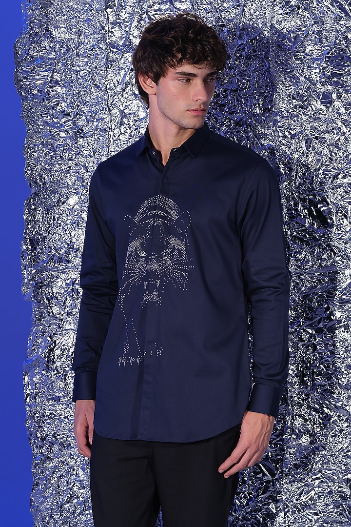 Navy Blue Stretchable Cotton Panther Hand Embroidered Party Wear Shirt by SANJANA REDDY MEN at Pernia's Pop Up Shop