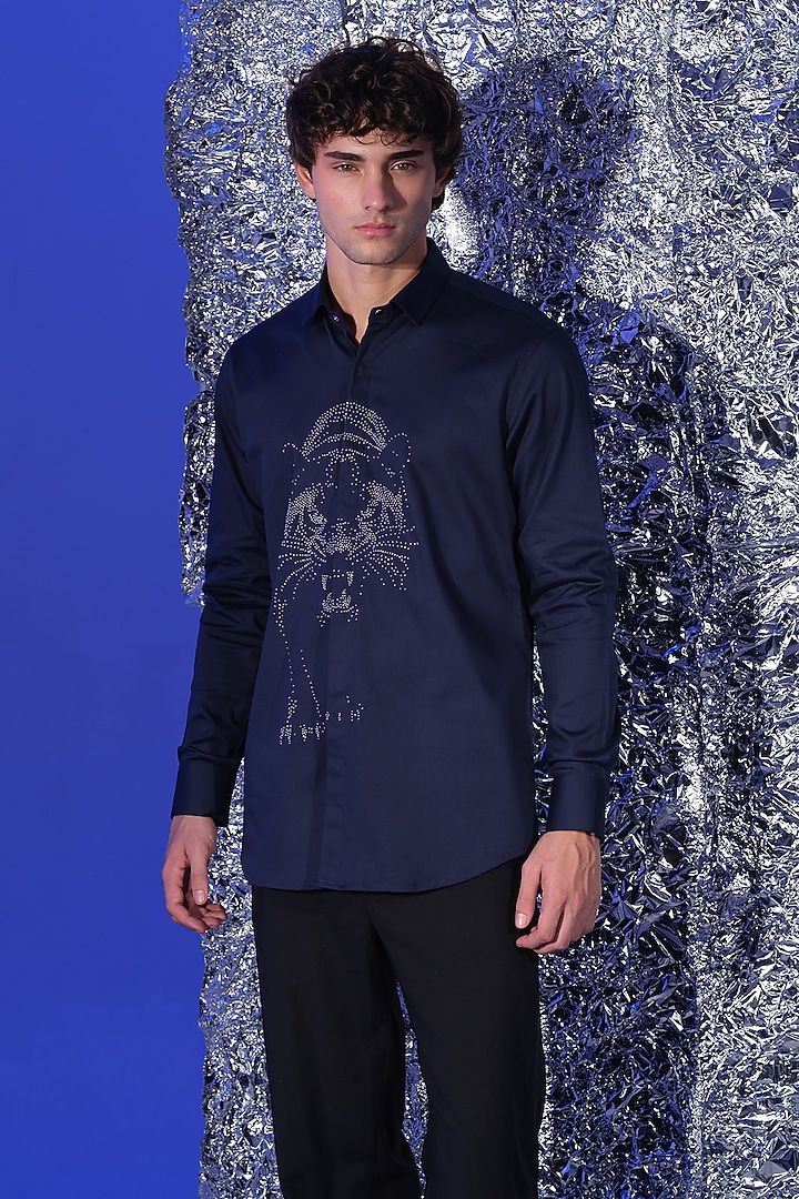Navy Blue Stretchable Cotton Panther Hand Embroidered Party Wear Shirt by SANJANA REDDY MEN at Pernia's Pop Up Shop
