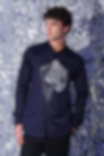 Navy Blue Stretchable Cotton Hand Embroidered Party Wear Shirt by SANJANA REDDY MEN at Pernia's Pop Up Shop