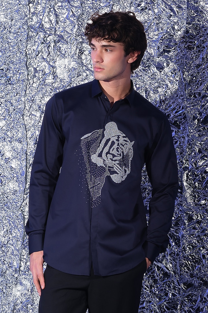 Navy Blue Stretchable Cotton Hand Embroidered Party Wear Shirt by SANJANA REDDY MEN at Pernia's Pop Up Shop