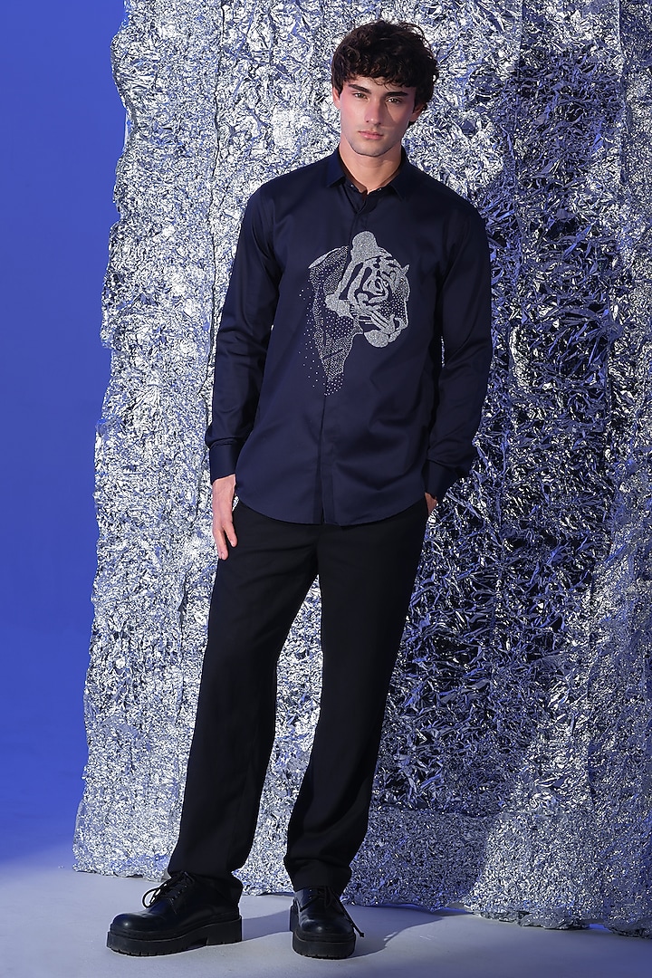Navy Blue Stretchable Cotton Hand Embroidered Party Wear Shirt by SANJANA REDDY MEN at Pernia's Pop Up Shop