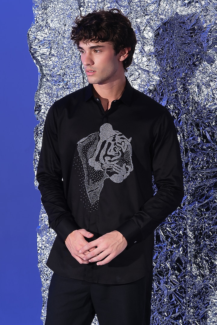 Black Stretchable Cotton Hand Embroidered Party Wear Shirt by SANJANA REDDY MEN at Pernia's Pop Up Shop
