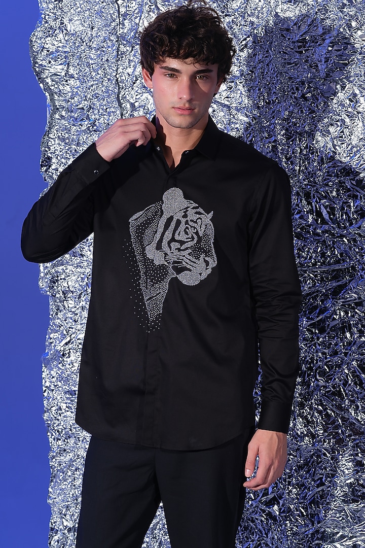 Black Stretchable Cotton Hand Embroidered Party Wear Shirt by SANJANA REDDY MEN at Pernia's Pop Up Shop