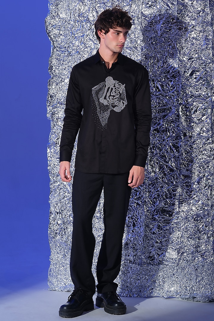 Black Stretchable Cotton Hand Embroidered Party Wear Shirt by SANJANA REDDY MEN at Pernia's Pop Up Shop