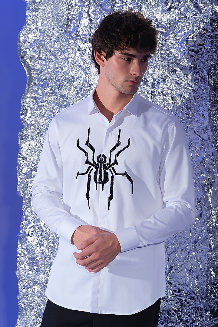 White Stretchable Cotton Cutdana Hand Embroidered Party Wear Shirt by SANJANA REDDY MEN at Pernia's Pop Up Shop