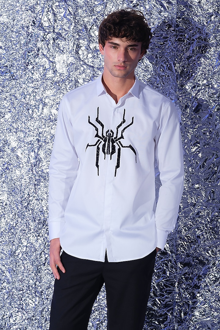 White Stretchable Cotton Cutdana Hand Embroidered Party Wear Shirt by SANJANA REDDY MEN at Pernia's Pop Up Shop