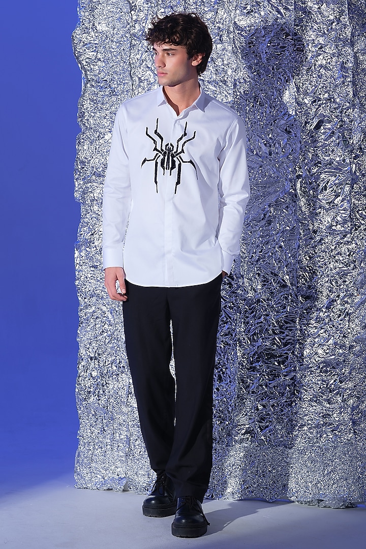White Stretchable Cotton Cutdana Hand Embroidered Party Wear Shirt by SANJANA REDDY MEN at Pernia's Pop Up Shop