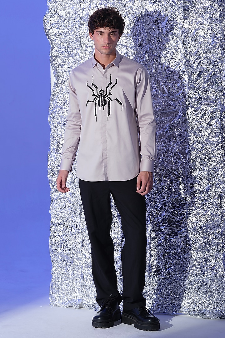 Grey Stretchable Cotton Spider Cutdana Hand Embroidered Party Wear Shirt by SANJANA REDDY MEN at Pernia's Pop Up Shop