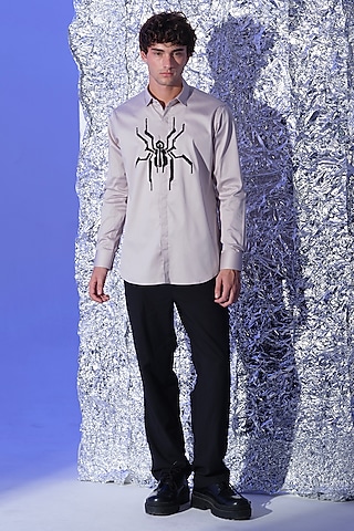 Grey Stretchable Cotton Spider Cutdana Hand Embroidered Shirt by SANJANA REDDY MEN