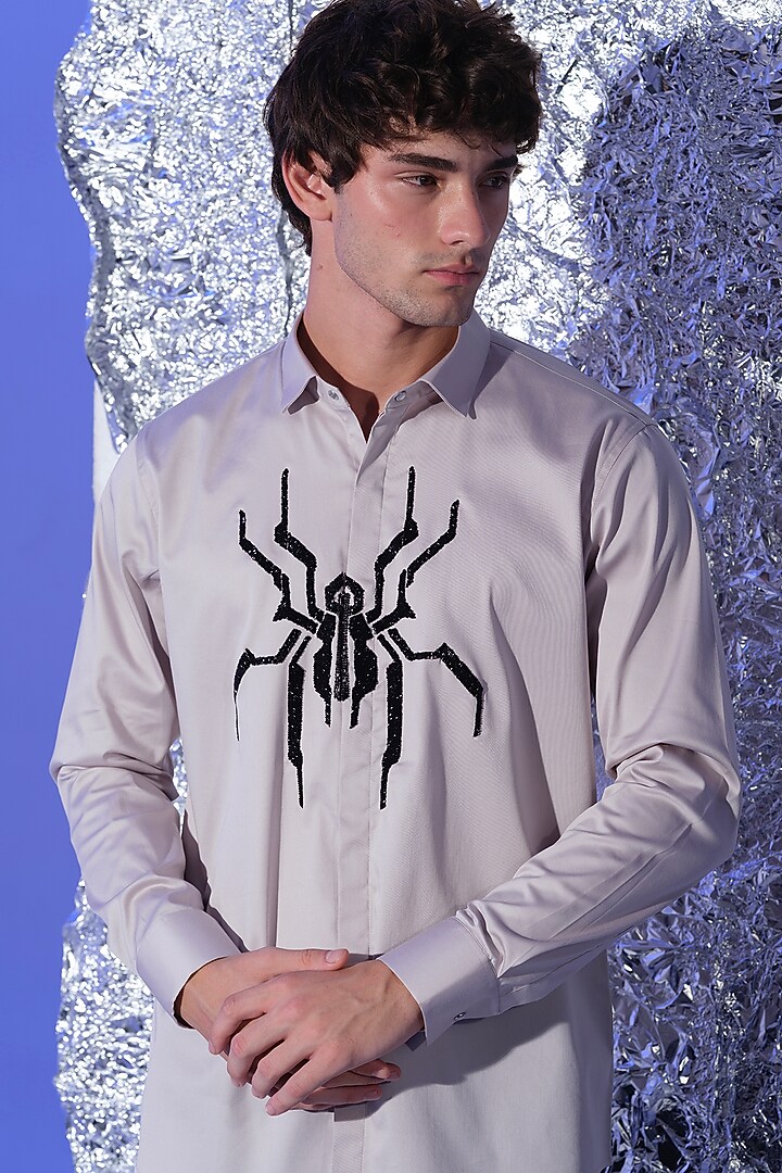 Grey Stretchable Cotton Spider Cutdana Hand Embroidered Party Wear Shirt by SANJANA REDDY MEN at Pernia's Pop Up Shop