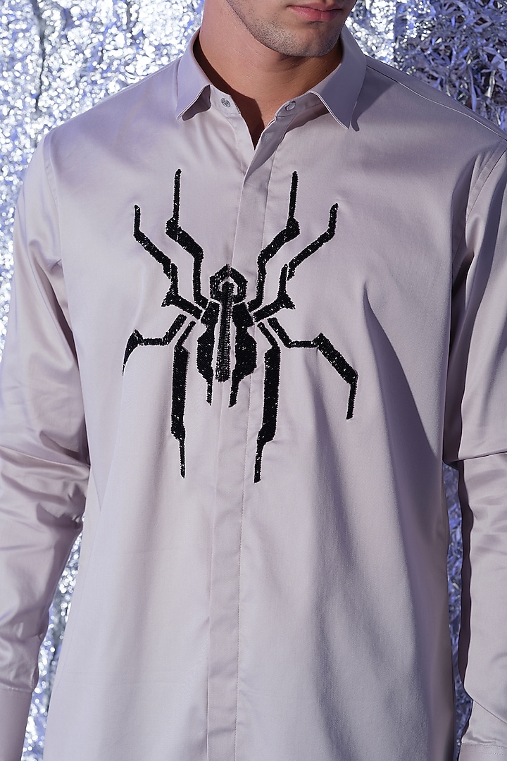 Grey Stretchable Cotton Spider Cutdana Hand Embroidered Party Wear Shirt by SANJANA REDDY MEN at Pernia's Pop Up Shop