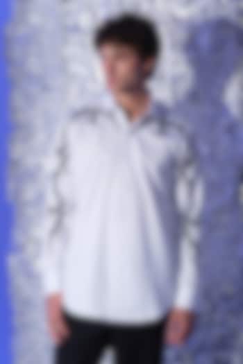 White Stretchable Cotton Hand Embroidered Party Wear Shirt by SANJANA REDDY MEN at Pernia's Pop Up Shop