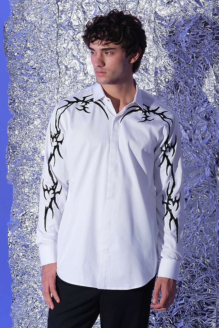 White Stretchable Cotton Hand Embroidered Party Wear Shirt by SANJANA REDDY MEN at Pernia's Pop Up Shop
