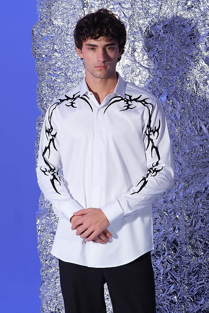 White Stretchable Cotton Hand Embroidered Party Wear Shirt by SANJANA REDDY MEN at Pernia's Pop Up Shop