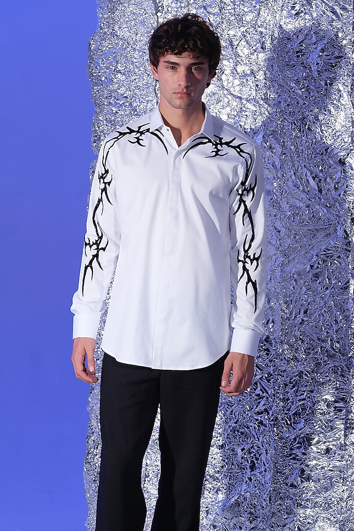 White Stretchable Cotton Hand Embroidered Party Wear Shirt by SANJANA REDDY MEN at Pernia's Pop Up Shop