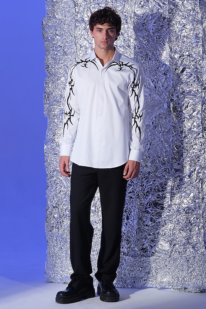 White Stretchable Cotton Hand Embroidered Party Wear Shirt by SANJANA REDDY MEN at Pernia's Pop Up Shop