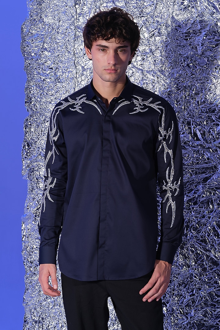 Navy Blue Stretchable Cotton Hand Embroidered Party Wear Shirt by SANJANA REDDY MEN at Pernia's Pop Up Shop