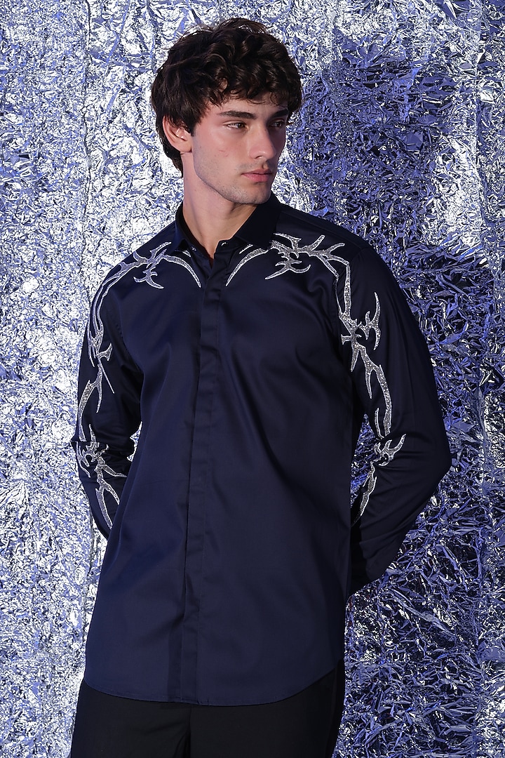 Navy Blue Stretchable Cotton Hand Embroidered Party Wear Shirt by SANJANA REDDY MEN at Pernia's Pop Up Shop