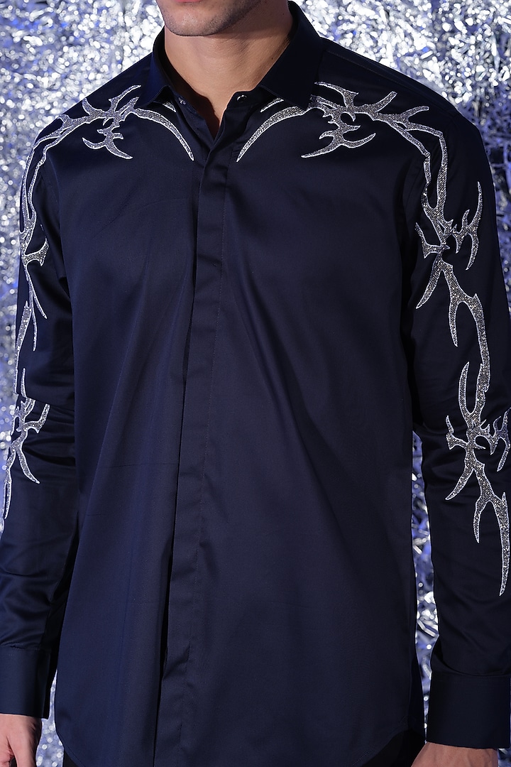 Navy Blue Stretchable Cotton Hand Embroidered Party Wear Shirt by SANJANA REDDY MEN at Pernia's Pop Up Shop