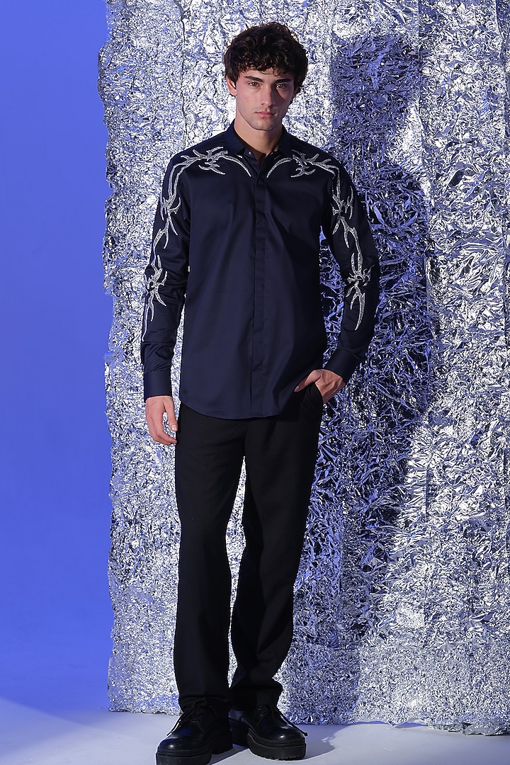 Navy Blue Stretchable Cotton Hand Embroidered Party Wear Shirt by SANJANA REDDY MEN at Pernia's Pop Up Shop