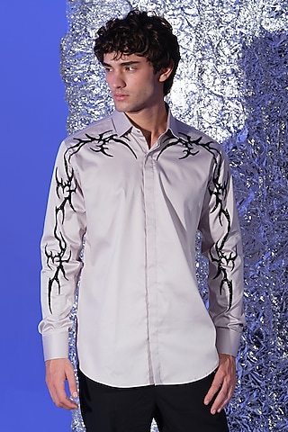 Grey Stretchable Cotton Hand Embroidered Shirt by SANJANA REDDY MEN