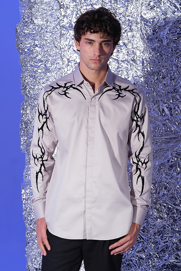 Grey Stretchable Cotton Hand Embroidered Party Wear Shirt by SANJANA REDDY MEN at Pernia's Pop Up Shop