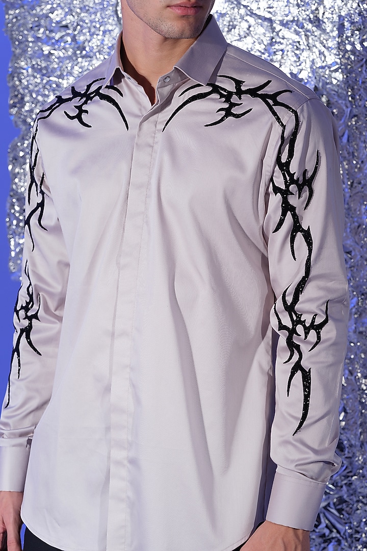 Grey Stretchable Cotton Hand Embroidered Party Wear Shirt by SANJANA REDDY MEN at Pernia's Pop Up Shop