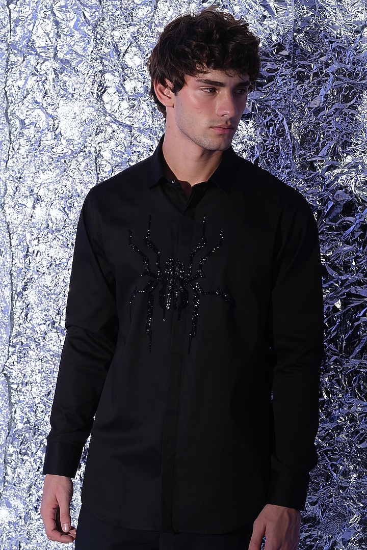 Black Stretchable Cotton Spider Cutdana Hand Embroidered Party Wear Shirt by SANJANA REDDY MEN at Pernia's Pop Up Shop