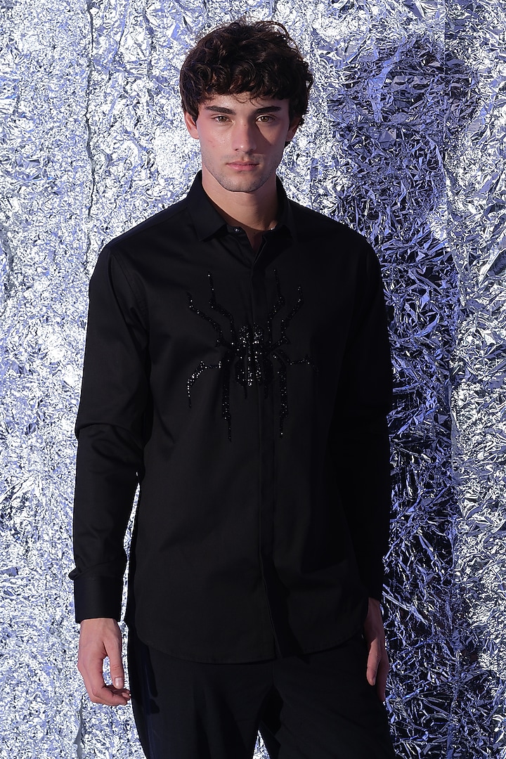 Black Stretchable Cotton Spider Cutdana Hand Embroidered Party Wear Shirt by SANJANA REDDY MEN at Pernia's Pop Up Shop
