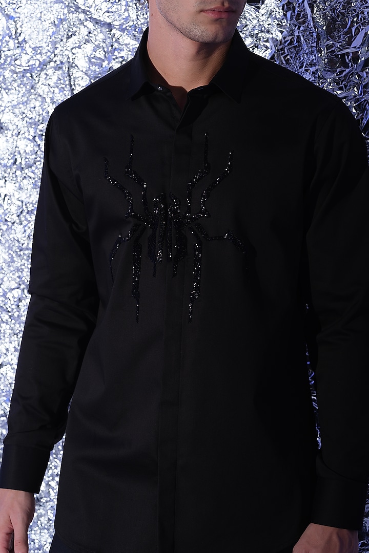 Black Stretchable Cotton Spider Cutdana Hand Embroidered Party Wear Shirt by SANJANA REDDY MEN at Pernia's Pop Up Shop