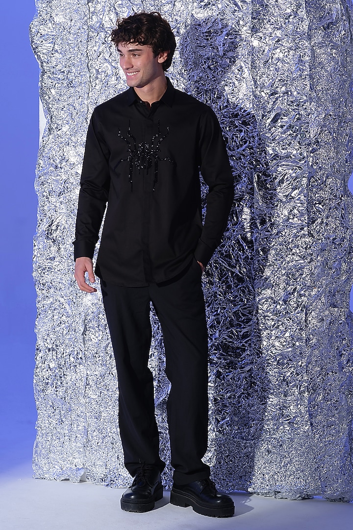 Black Stretchable Cotton Spider Cutdana Hand Embroidered Party Wear Shirt by SANJANA REDDY MEN at Pernia's Pop Up Shop