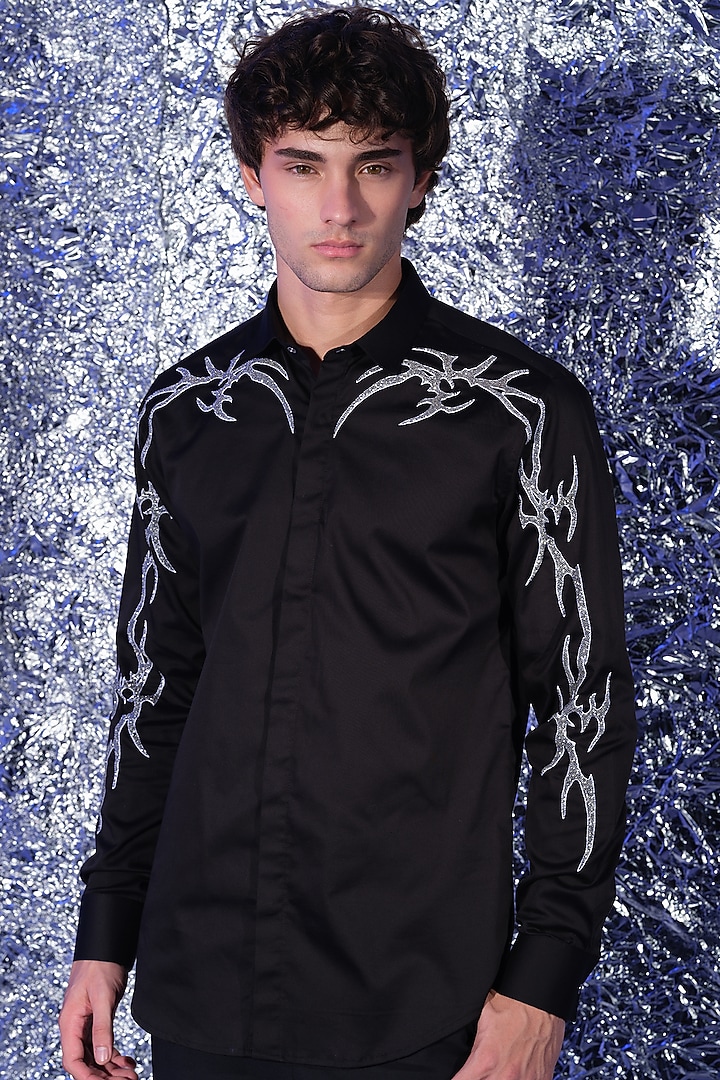 Black Stretchable Cotton Hand Embroidered Party Wear Shirt by SANJANA REDDY MEN at Pernia's Pop Up Shop