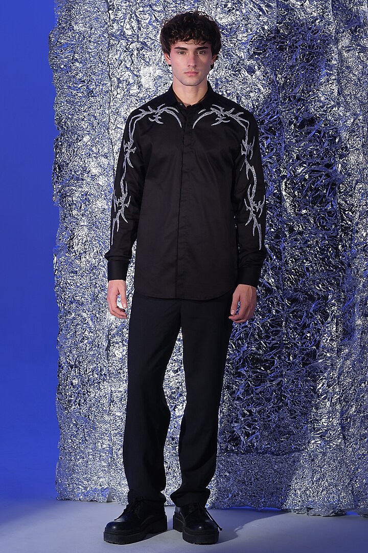 Black Stretchable Cotton Hand Embroidered Party Wear Shirt by SANJANA REDDY MEN at Pernia's Pop Up Shop
