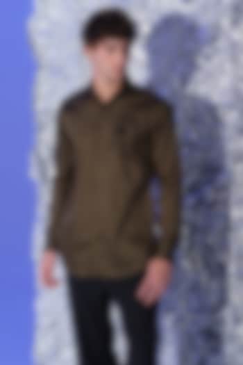 Olive Green Stretchable Cotton Hand Embroidered Party Wear Shirt by SANJANA REDDY MEN at Pernia's Pop Up Shop