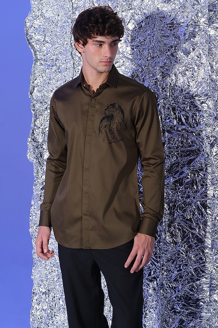 Olive Green Stretchable Cotton Hand Embroidered Party Wear Shirt by SANJANA REDDY MEN at Pernia's Pop Up Shop