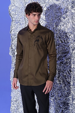 Olive Green Stretchable Cotton Hand Embroidered Shirt by SANJANA REDDY MEN
