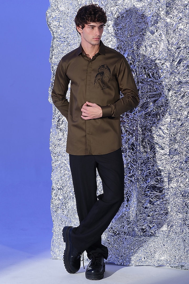 Olive Green Stretchable Cotton Hand Embroidered Party Wear Shirt by SANJANA REDDY MEN at Pernia's Pop Up Shop
