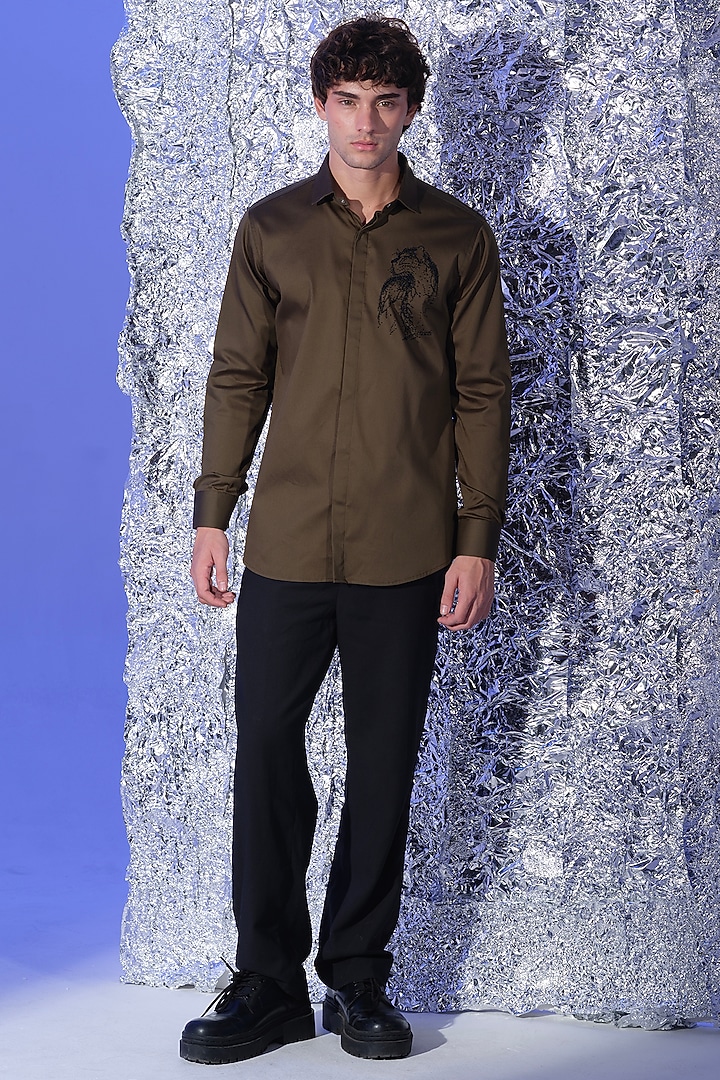 Olive Green Stretchable Cotton Hand Embroidered Party Wear Shirt by SANJANA REDDY MEN at Pernia's Pop Up Shop