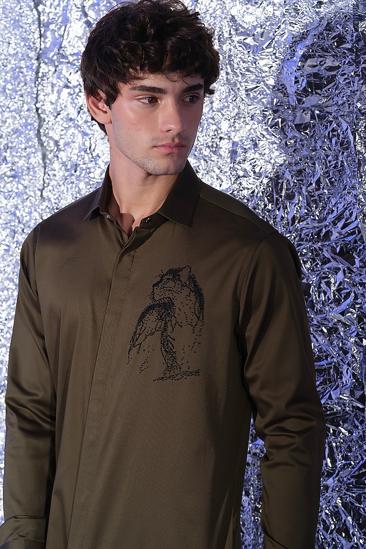 Olive Green Stretchable Cotton Hand Embroidered Party Wear Shirt by SANJANA REDDY MEN at Pernia's Pop Up Shop