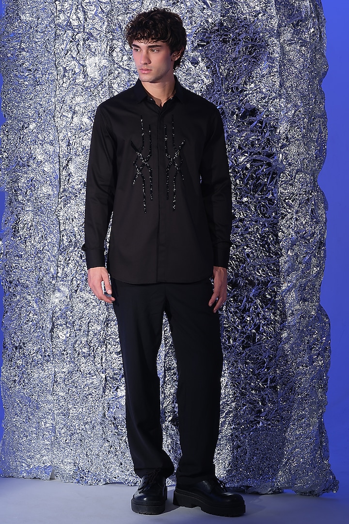 Black Stretchable Cotton Hand Embroidered Party Wear Shirt by SANJANA REDDY MEN at Pernia's Pop Up Shop