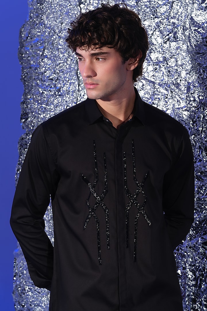 Black Stretchable Cotton Hand Embroidered Party Wear Shirt by SANJANA REDDY MEN at Pernia's Pop Up Shop