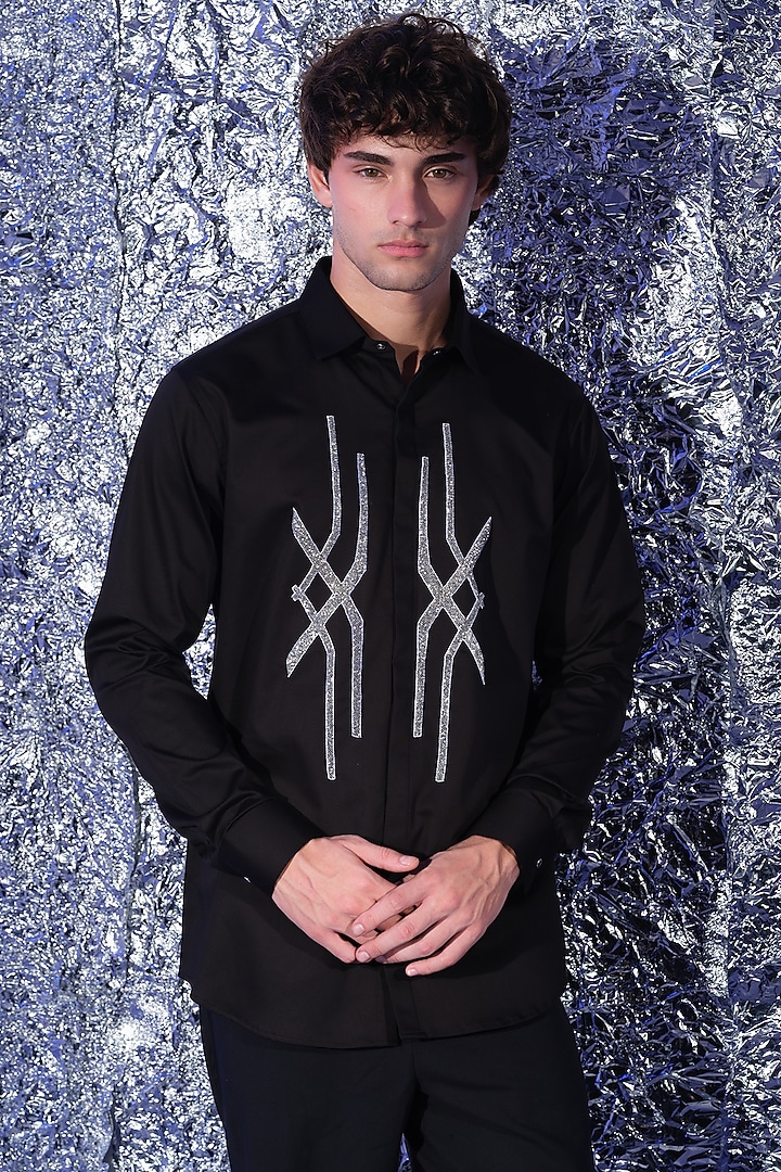 Black Stretchable Cotton Hand Embroidered Party Wear Shirt by SANJANA REDDY MEN at Pernia's Pop Up Shop
